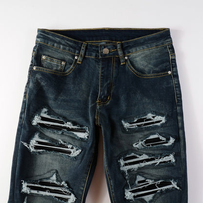 European And American High Street Jeans Blue Ripped Leather Patchwork