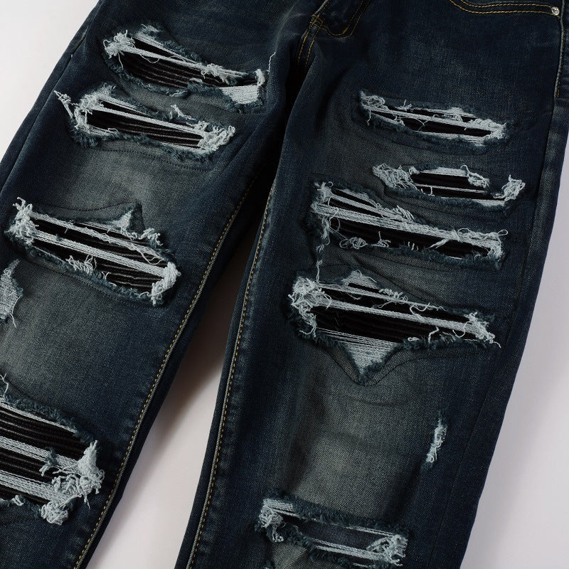 European And American High Street Jeans Blue Ripped Leather Patchwork