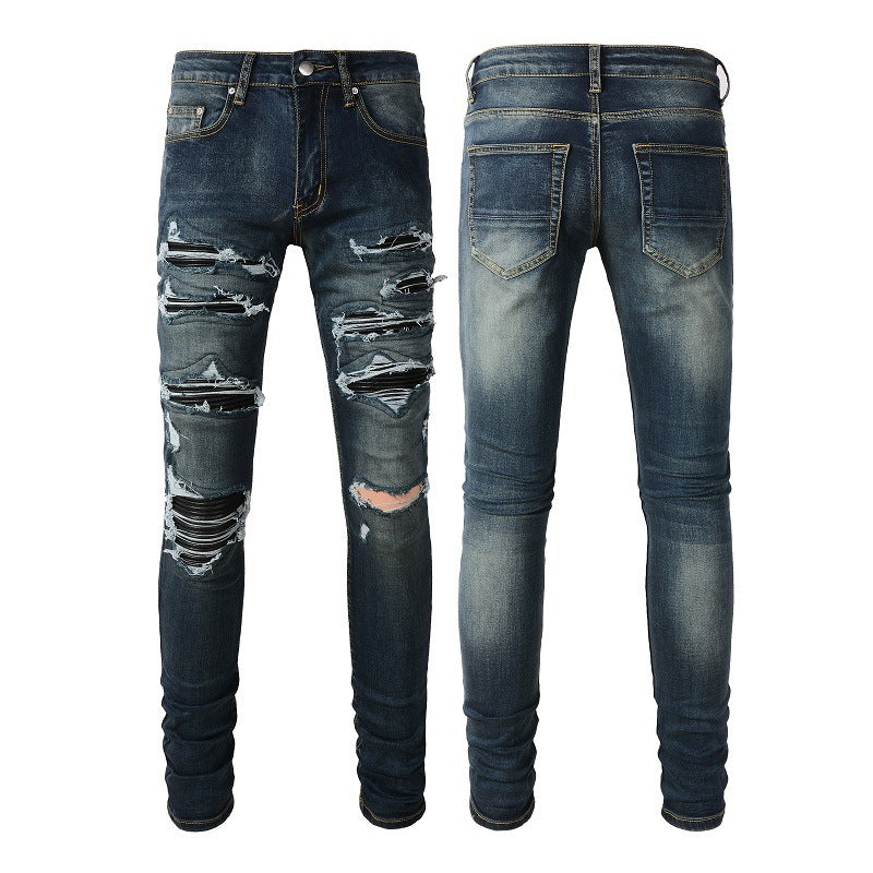 European And American High Street Jeans Blue Ripped Leather Patchwork