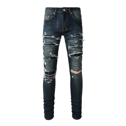 European And American High Street Jeans Blue Ripped Leather Patchwork