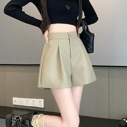 High Waist Casual Pants Brown Loose Wide-leg Leather Pants