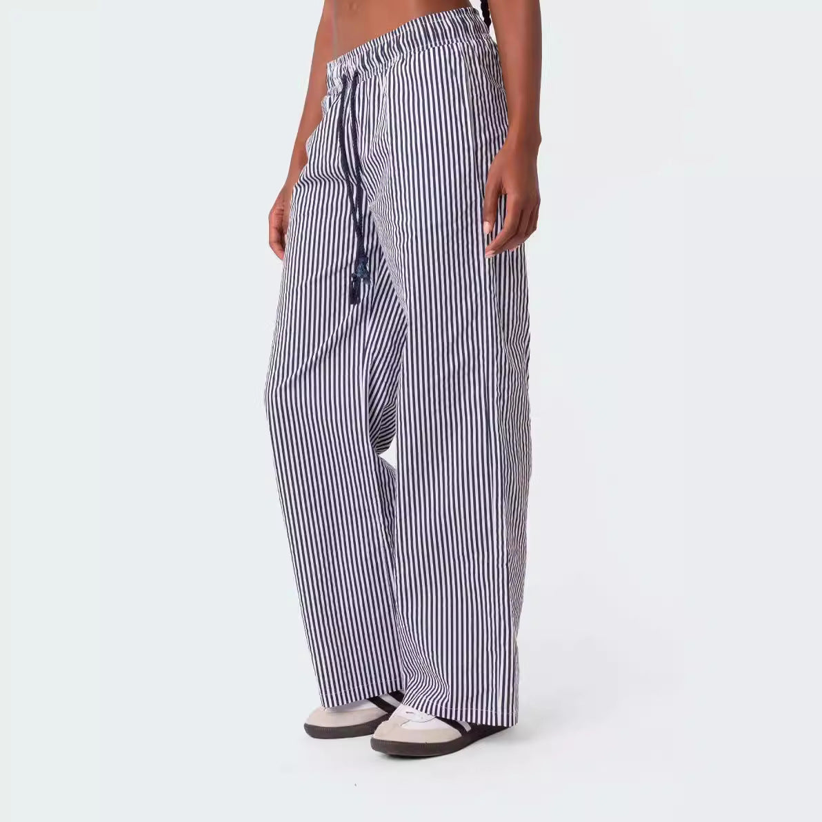 Elastic Waistband Lace-up Striped Pocket Casual Trousers