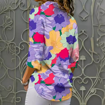 European And American Digital Printed Flowers Lapel Single Breasted Long-sleeved Shirt