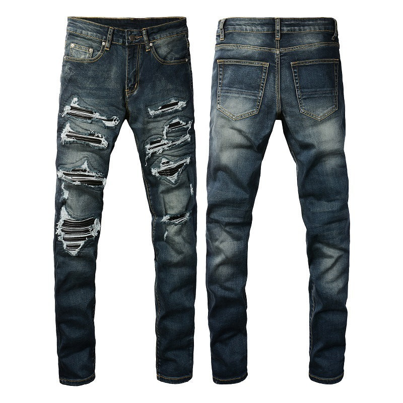 European And American High Street Jeans Blue Ripped Leather Patchwork