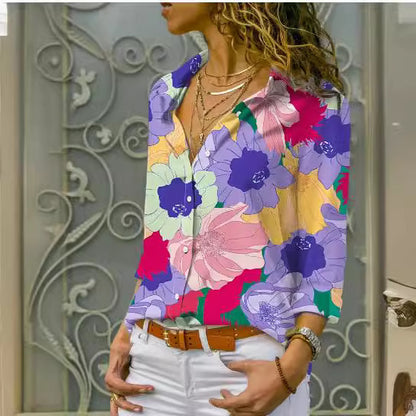 European And American Digital Printed Flowers Lapel Single Breasted Long-sleeved Shirt